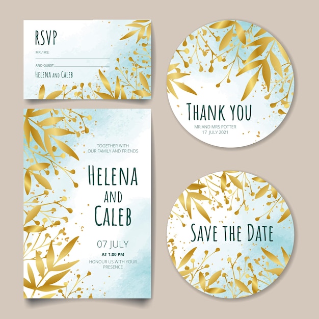 Wedding invitation card, save the date with watercolor , golden frame, flowers, leaves and branches.