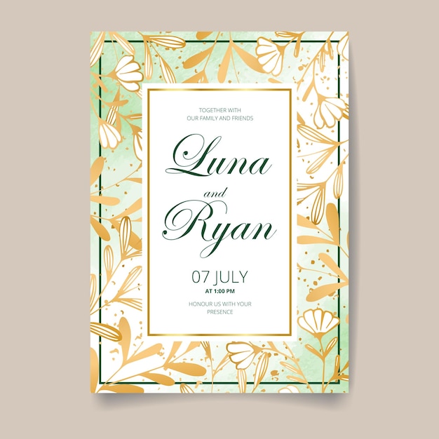 Wedding invitation card, save the date with watercolor , golden frame, flowers, leaves and branches.