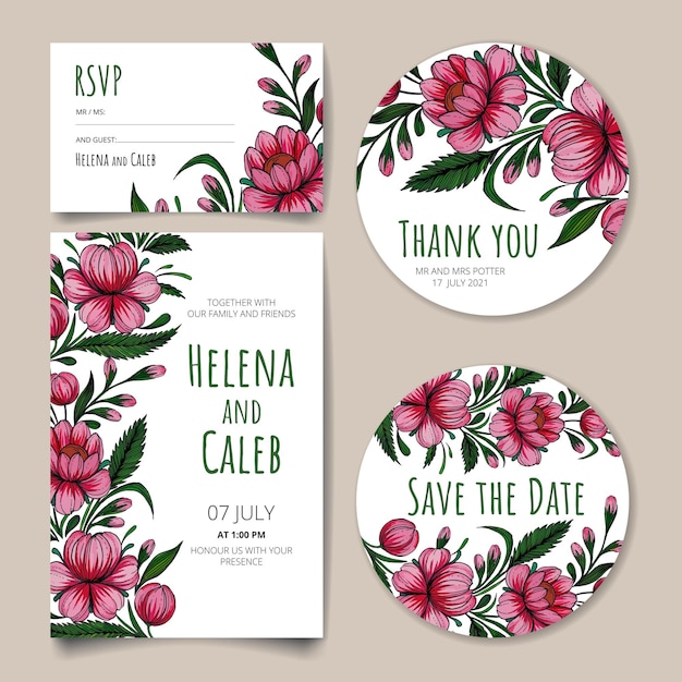 결혼식 초대 카드는 꽃 잎과 가지가 있는 날짜 카드 Rsvp 카드 감사 카드를 저장합니다.