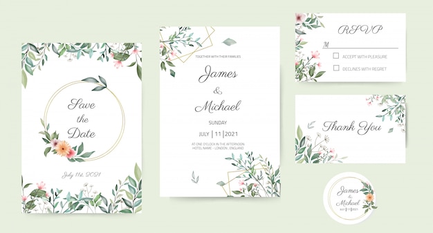 Wedding Invitation Card Set Decorated with green leaves, beautiful leaf design, white background