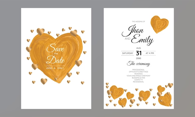 Vector wedding invitation card set modern design template with gold glitter heart