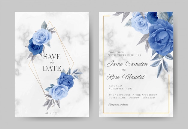 Vettore set di carte invito matrimonio. rose, blu peoney, blu scuro con fondo in marmo e cornice dorata.