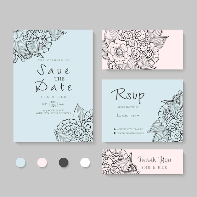 Wedding invitation card set template with beautiful floral frame