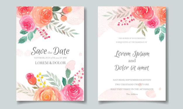 Wedding invitation card set template with floral and leaves watercolor