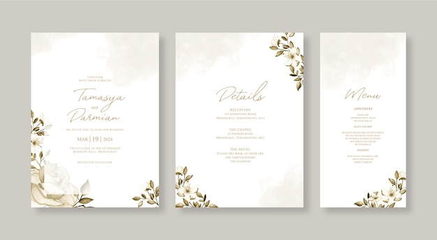 ベクトル 花の水彩画と結婚式の招待カードセットテンプレート
