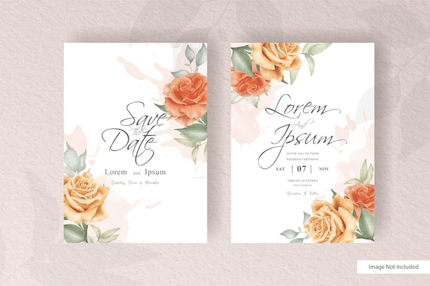 Wedding Invitation card set template with flowers and leaves decoration. Trendy plants Wreath, vintage rustic elements, Floral frame cards.