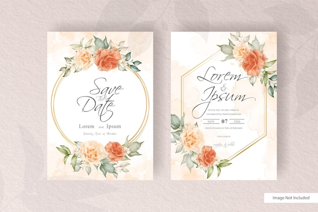 Vector wedding invitation card set template with flowers and leaves decoration. trendy plants wreath, vintage rustic elements, floral frame cards.