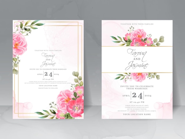 Wedding invitation card set with beautiful pink flowers design