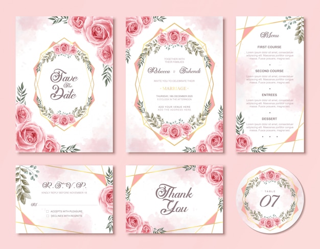 Wedding Invitation Card Set With Beautiful Pink Watercolor Floral Rose Flowers