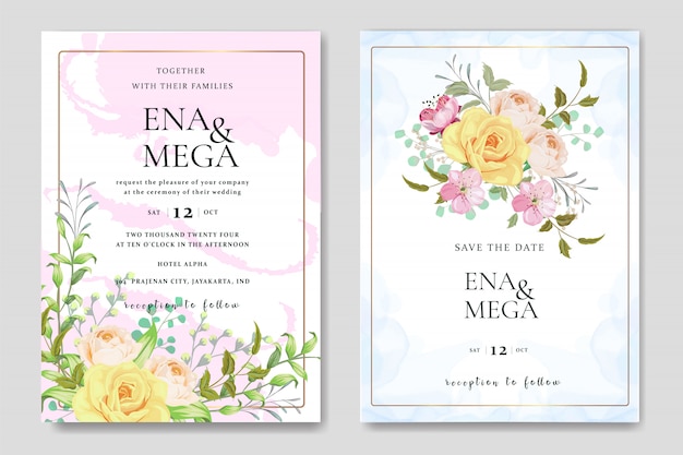 Wedding invitation card set with beautiful roses template