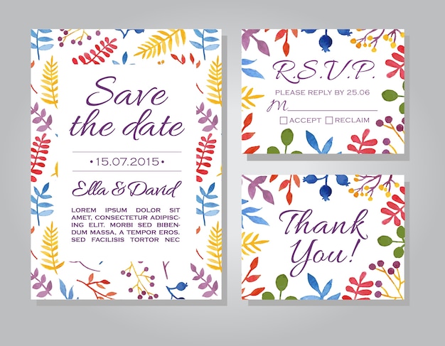 Vector wedding invitation card set with floral watercolor background