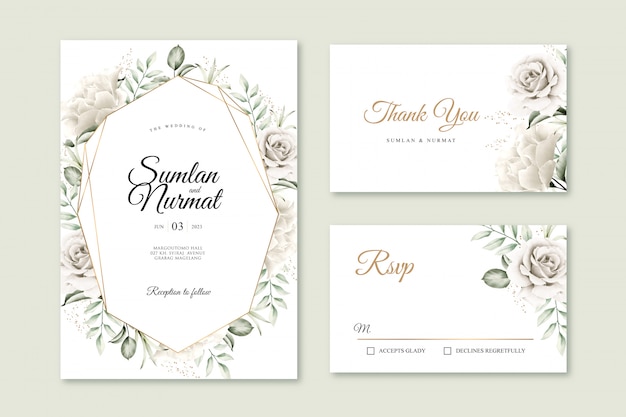 Wedding invitation card set with floral watercolor and golden geometric