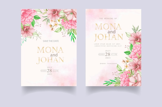 Wedding invitation card set with flowers and leaves