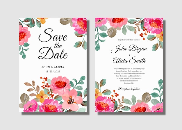 Wedding invitation card set with pink floral watercolor