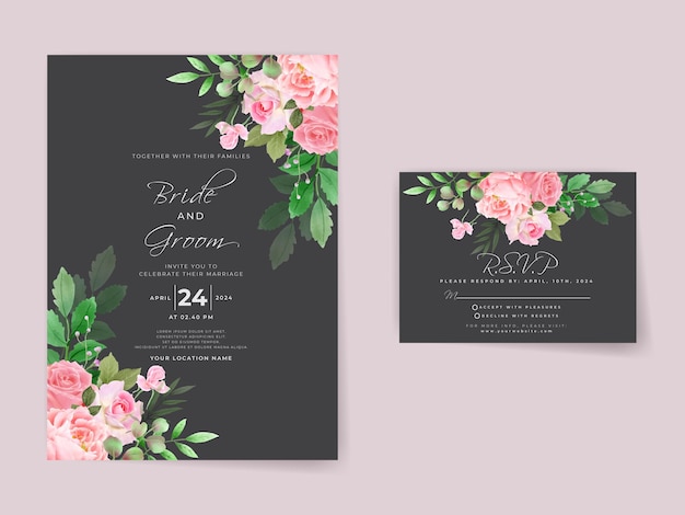 ピンクのバラのデザインがセットされた結婚式の招待状