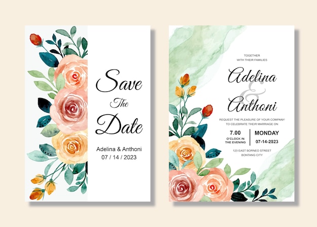 Wedding invitation card set with rose floral watercolor