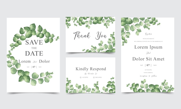 Set di carte di invito matrimonio con foglie di verde dell'acquerello