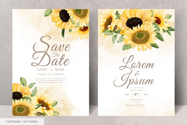 Vector wedding invitation card set with watercolor sunflower