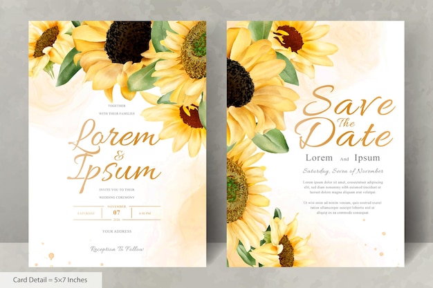 Vector wedding invitation card set with watercolor sunflower