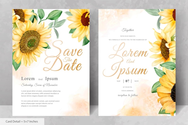 Vector wedding invitation card set with watercolor sunflower