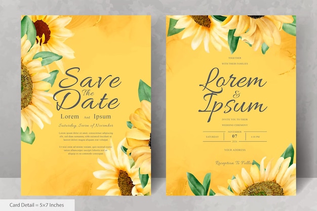 Vector wedding invitation card set with watercolor sunflower