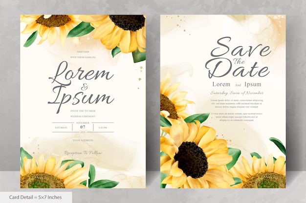 Wedding Invitation Card Set with Watercolor Sunflower