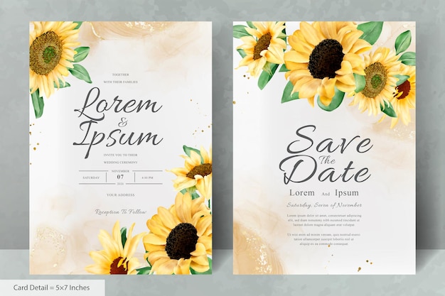 Wedding Invitation Card Set with Watercolor Sunflowers