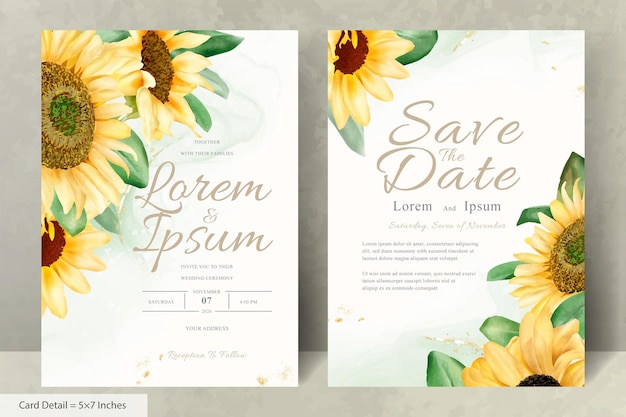 Vector wedding invitation card set with watercolor sunflowers