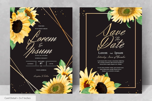 Wedding invitation card set with watercolor sunflowers