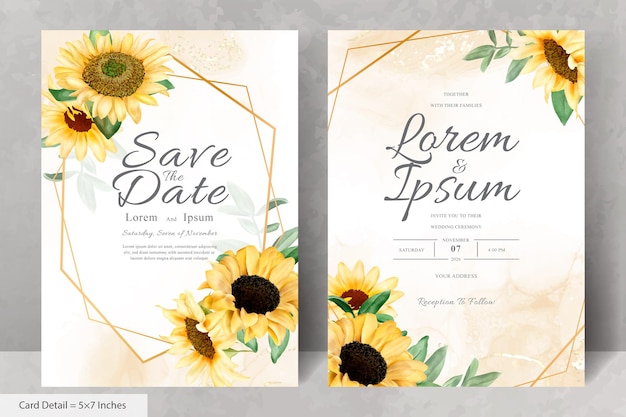 Vector wedding invitation card set with watercolor sunflowers