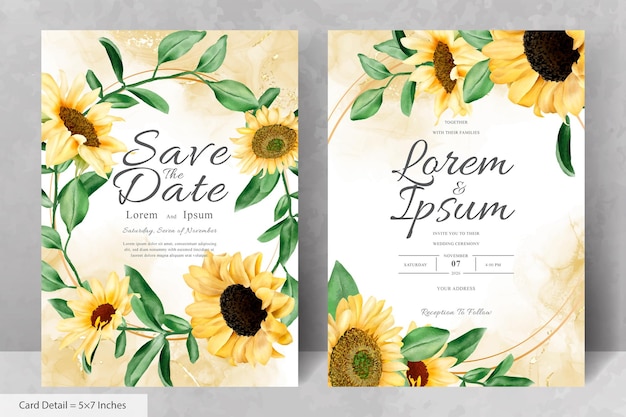 Wedding invitation card set with watercolor sunflowers