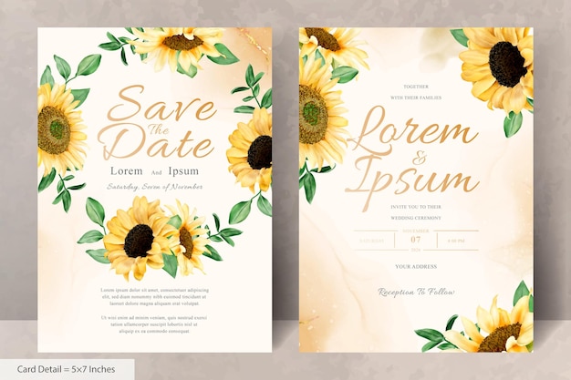 Vector wedding invitation card set with watercolor sunflowers