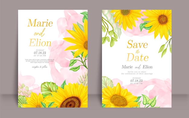 Wedding invitation card set with watercolor sunflowers