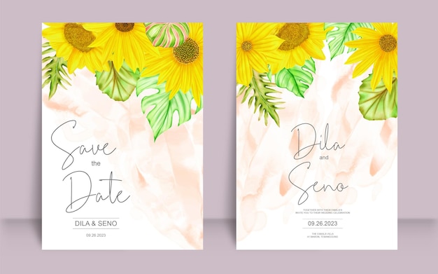 Vector wedding invitation card set with watercolor sunflowers