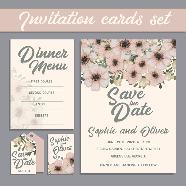 Wedding invitation card suite with flower templates.