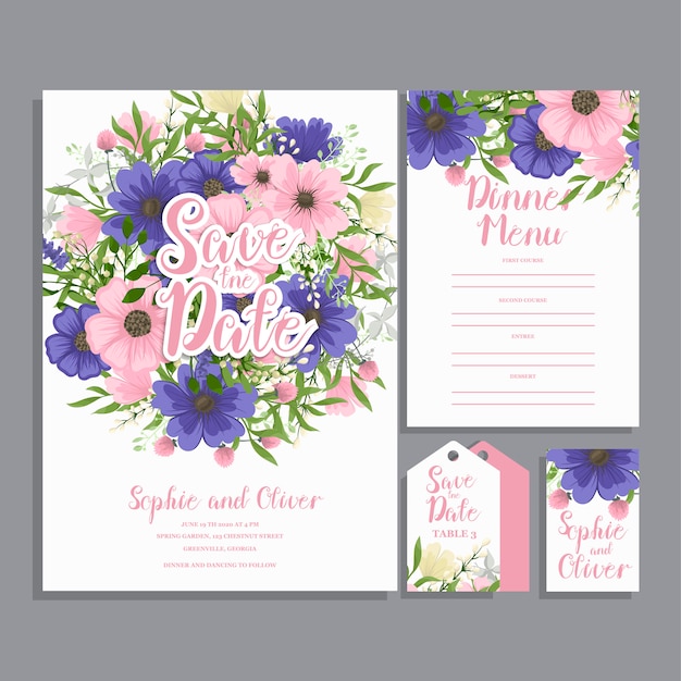 Vector wedding invitation card suite with flower templates.