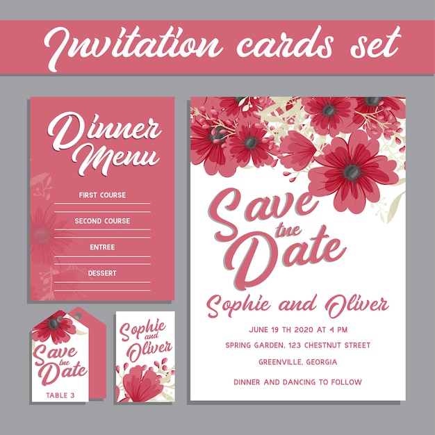 Wedding invitation card suite with flower templates.