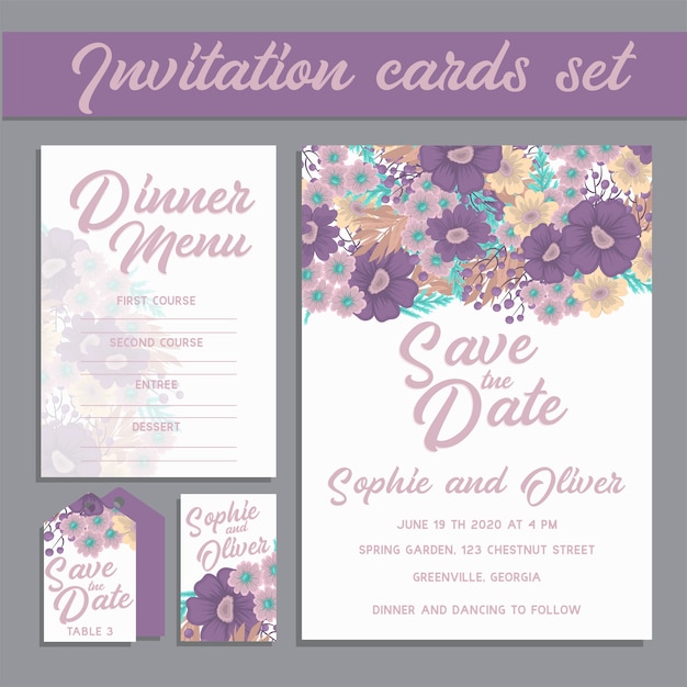 Vector wedding invitation card suite with flower