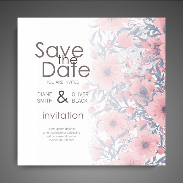 Wedding invitation card suite with flowers. template. vector illustration