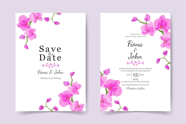 Vettore modello di carta di invito a nozze. bellissimo acquerello di fiori di orchidea