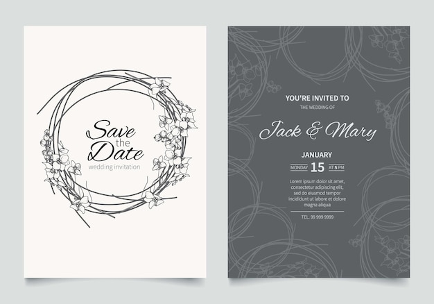 結婚式招待状カード テンプレート デザイン。白と黒のベリーと葉を持つ手描きの花