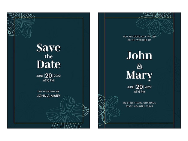 Wedding Invitation Card Template Layout With Linear Flowers In Teal Color