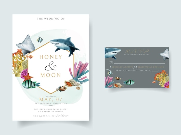 Wedding invitation card template sea life theme