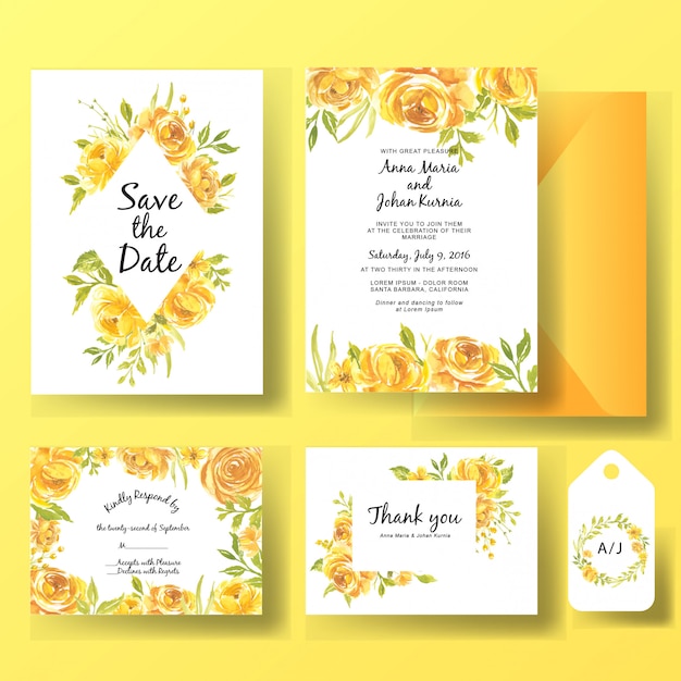 Wedding invitation card template set of watercolor flower rose yellow