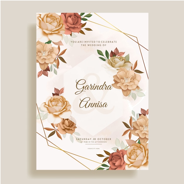 Wedding invitation card template set with beautiful autumn floral leaves 