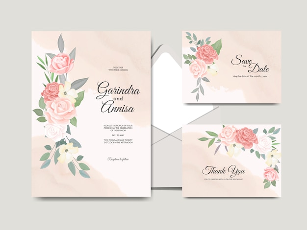 Wedding invitation card template set with beautiful colourful floral leaves premium