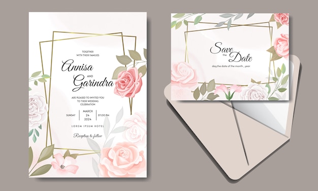 Wedding invitation card template set with beautiful colourful  floral leaves  