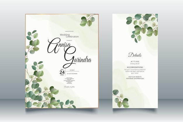 Wedding invitation card template set with beautiful eucalyptus leaves premium vector