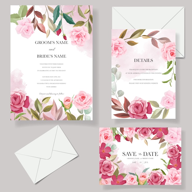 Wedding invitation card template set with beautiful floral decorations