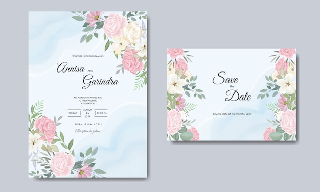 Wedding invitation card template set with beautiful   floral leaves Premium 